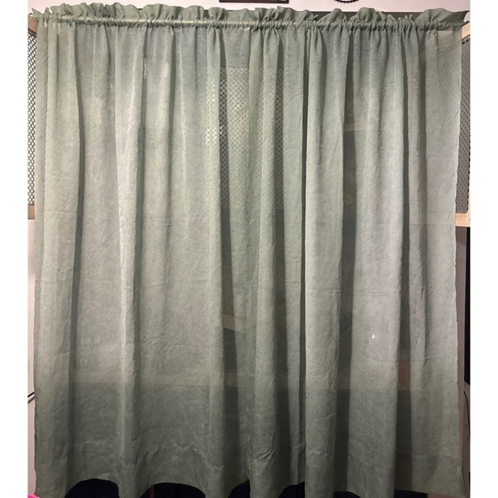 Sage Green Crinkled Sheer Curtain Panels 55x63 Set of 2 Rod Pocket Ruffle Top